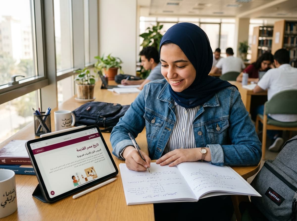طالبة في الثانوية العامة بتذاكر بتركيز وثقة مع منصة الخلاصة